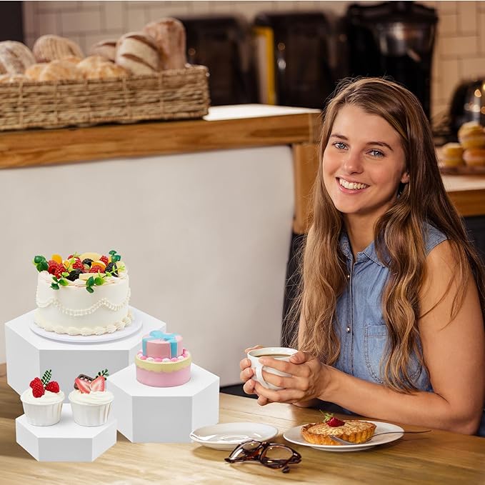 Leinuosen 7 Pcs Large Hexagonal Buffet Risers Set 6" to 12" Acrylic Display Box Catering Dessert Table Riser Food Display Decorative Stand with Hollow Bottom for Catering Supplies(White)