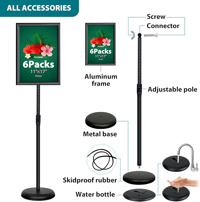 6Packs 11x17 Inch Adjustable Sign Holder Poster Stand, Heavy Duty Floor Sign Stand with Aluminum Snap Open Frame for Vertical and Horizontal Sign Displayed(Black)