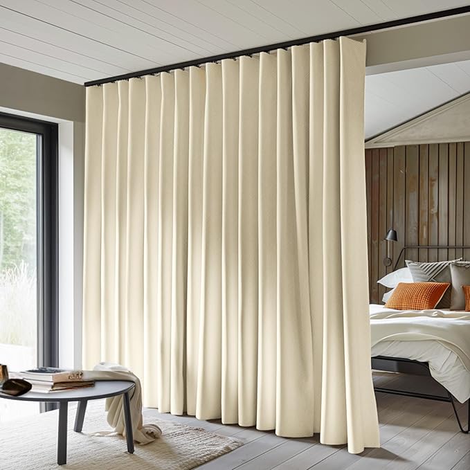 Room Divider Curtains Total Blackout Privacy Curtain Panel Room Thermal Insulated Noise Reduction Curtains for Bedroom Window Living Room Ceiling Track Curtain W 8.3 ft × H 8 ft Beige