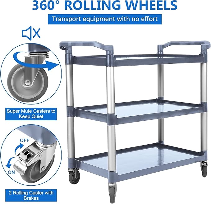 Service Cart 3 Shelf, Plastic Heavy Duty 3-Tier Utility Cart with Wheels, Rolling Utility/Push Cart for Foodservice/Commercial/Restaurant/Office/Warehouse/Kitchen/Hotel