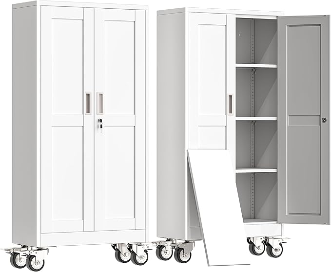 61" H Metal Garage Storage Cabinet, Rolling Tool Cabinet with 2 Doors and Wheels, Locker Steel Cabinet with 3 Adjustable Shelves, Organization Cabinet for Garage,Office,Home,Gym,School（White）