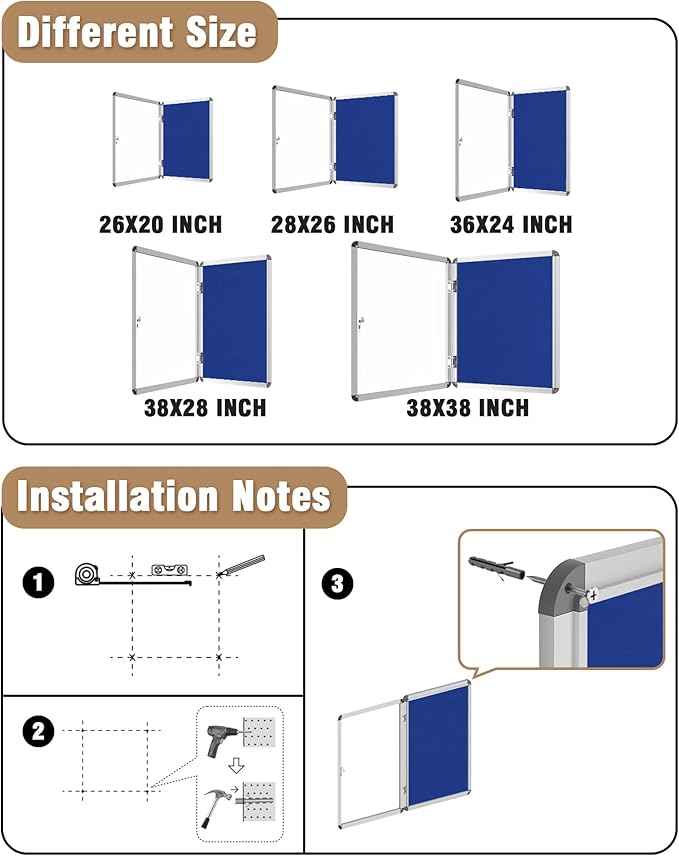 Mifuro 38"x28" Enclosed Bulletin Board, Lockable Weather-Resistant Aluminum Cork Noticeboard for School & Office, Silver Frame w/Blue Flet