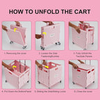 Folding Utility Cart Portable Rolling Crate Handcart Shopping Trolley Collapsible Tool Box, with Lid, Basket on 4 Rotate Wheels, for Grocery, Shopping, Office, Teacher (Pink)
