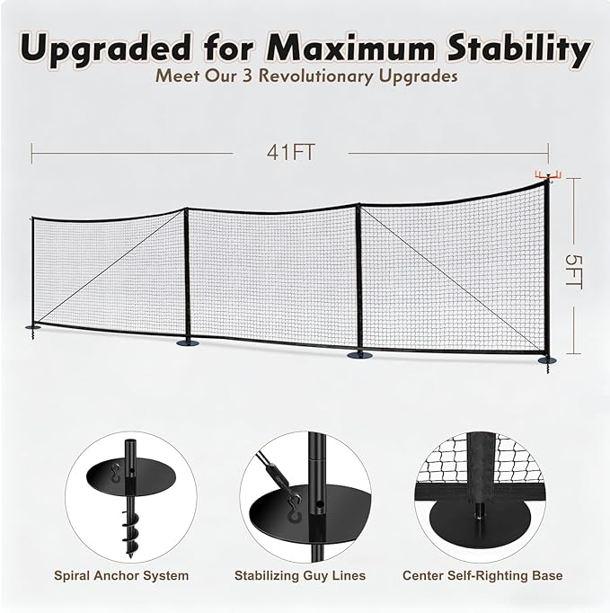 Driveway Guard Barricade Net - HDPE 5FT High 31/41FT Sizes 7.9inch Spiral Stakes 200% Anti-Tear with Middle Support Foldable Hook Prevents Kids & Toys Falling