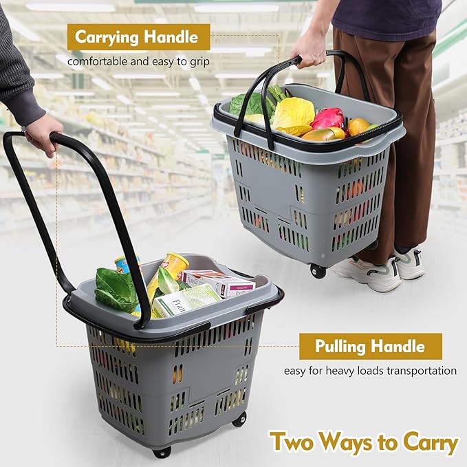 Ramddy 6-Pack 50 L Plastic Shopping Basket with Wheels and Handle, Grocery Shopping Basket, Grey