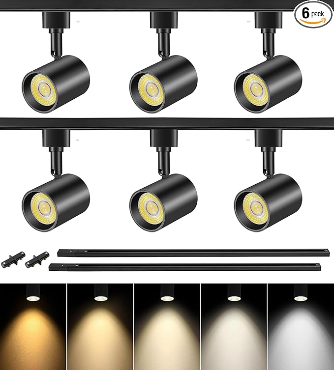 VANoopee 5-Color 6-Light LED Track Lighting Kit with 6.6FT H Type Track Lighting Rail, LED Track Light Heads Dimmable Modern Kitchen Track Lighting Fixtures Ceiling Spotlight, CRI90+ 10W 800lm Black