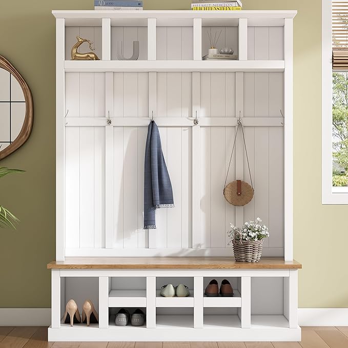 Merax Wood Farmhouse Hall Tree with Storage Entryway Bench, 3-in-1 Coat Racks with 6 Hooks &Shelves for Entrance, Hallway, Mudroom,White