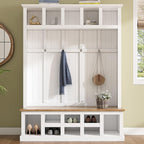 Merax Wood Farmhouse Hall Tree with Storage Entryway Bench, 3-in-1 Coat Racks with 6 Hooks &Shelves for Entrance, Hallway, Mudroom,White