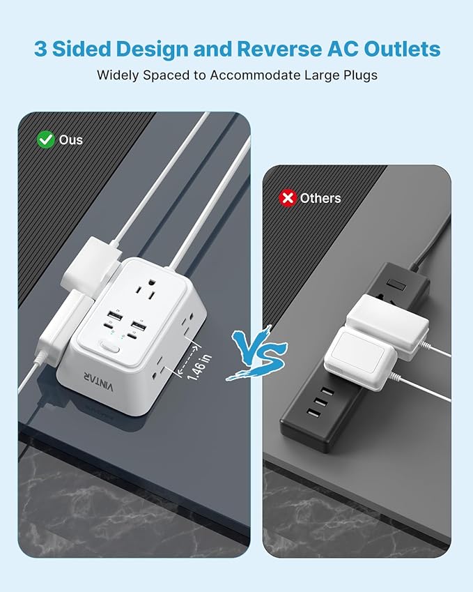 6ft Flat Plug Extension Cord, VINTAR Multi Outlet Extender with 5 Outlets and 4 USB Ports (2 USB-C), 3-Sided Wall Mount Charger, 1800J Surge Protector Power Strip for Home, Office, College Dorm