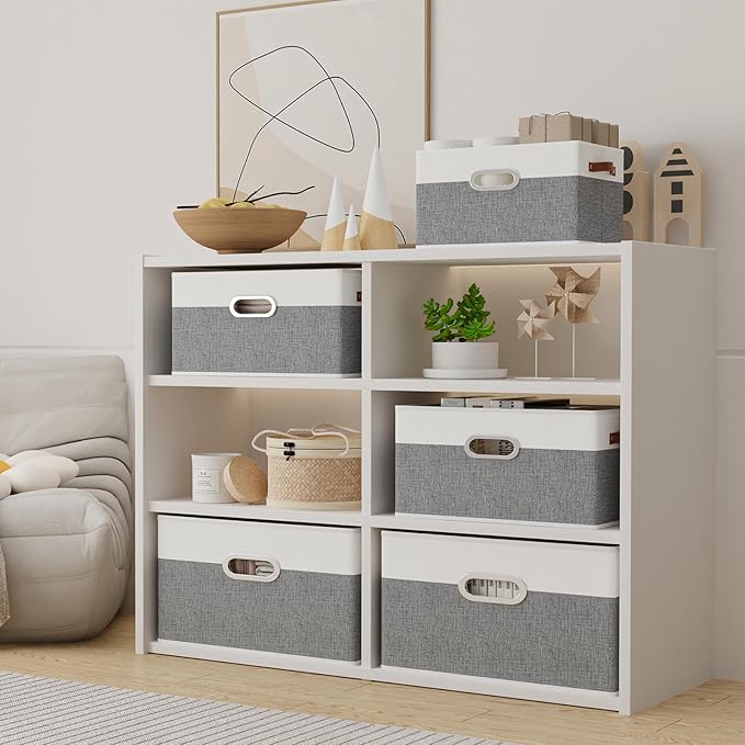 Yawinhe Fabric Storage Baskets, Foldable Closet Organizer for Shelves, Large Boxes with 3 Handles, Canvas Bins for Clothes, White/Grey, 12.99''Lx9.05''Wx7.87''H, 6-Pack
