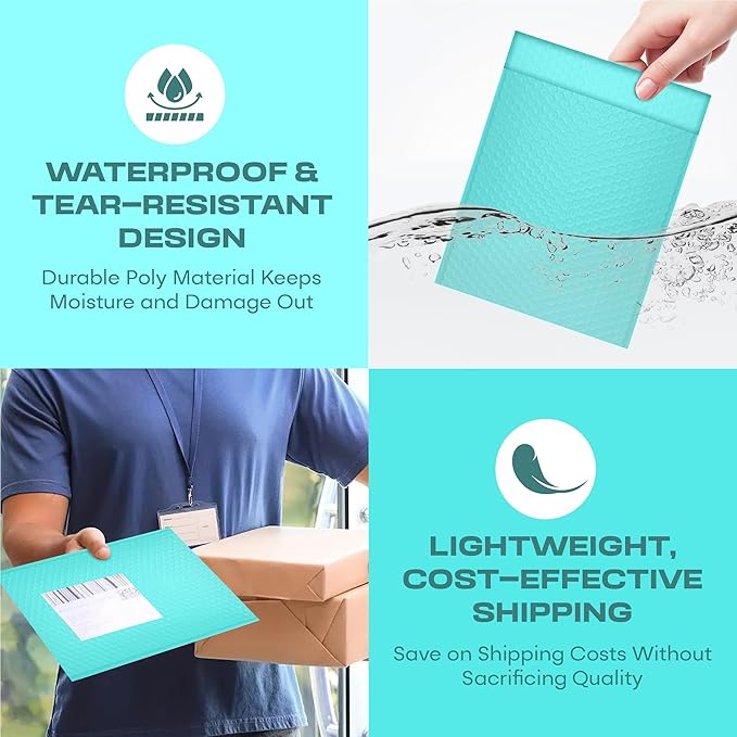 Teal Small Poly Bubble Mailers 6x10 inch #0 | Self Seal Padded Envelopes | Cushioned Bubble Mailer | Usable Size 6x9 | WaterProof | Lightweight mailing Shipping Bags | 500 Pack Bulk