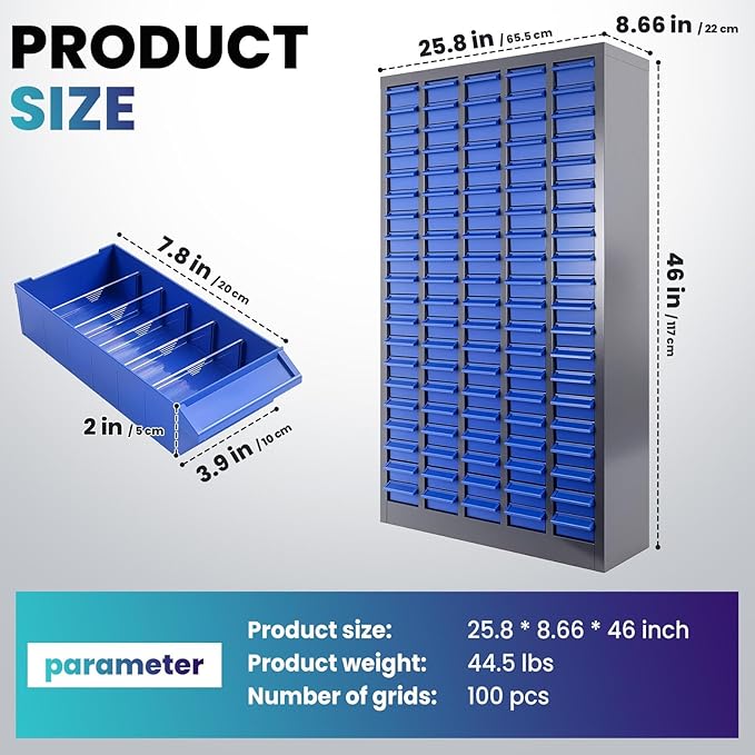 100 Drawers Nut and Bolt Organizer, 46" H x 26" D x 9" W Bolt and Nut Tool Storage Cabinet with Acrylic Adjustable Shelves & Label Stickers, Alloy Steel Parts Cabinet for Workshop Garage Organizer