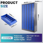 100 Drawers Nut and Bolt Organizer, 46" H x 26" D x 9" W Bolt and Nut Tool Storage Cabinet with Acrylic Adjustable Shelves & Label Stickers, Alloy Steel Parts Cabinet for Workshop Garage Organizer