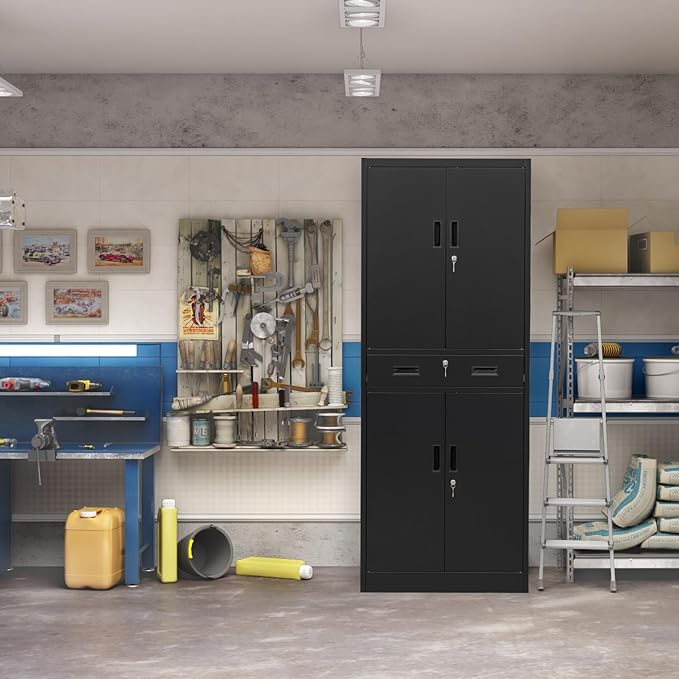 Metal Storage Cabinet, 71 Inch Tall Metal Storage Cabinet with Doors and Shelves, Pantry Cabinets with Drawer for Kitchen Storage, Garage Cabinet for Living, Dining Room, Assemble Required.