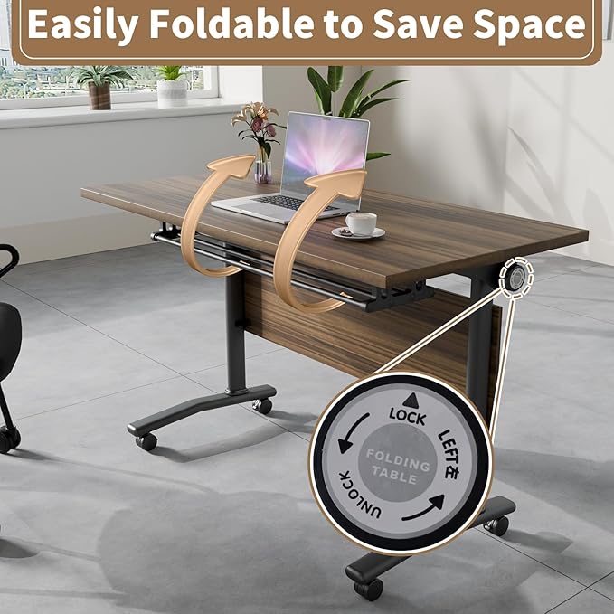 Conference Table, Modern Folding Meeting Tables with Flip Top, Mobile Podcast Table with Four Locking Wheels, Large Training Table for Meeting Room, Office, Classroom (6, A, 70.8in)