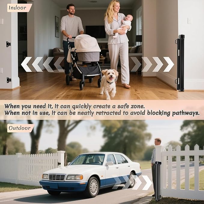 100 inch Retractable Baby Gates 34 inch Tall, Retractable Gate with Reinforced Strip Design to Prevent Crawling Through, 8 FT Extra Wide Retractable Dog Gate for Indoor/Outdoor