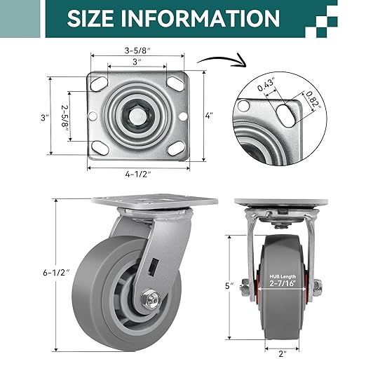 5'' × 2'' Caster Wheels, Heavy Duty Industrial Casters Set of 4 Rubber Wheels, Load 2800lbs Capacity, Swivel Caster for Cart Dolly Toolbox Trolley (4 Swivel)