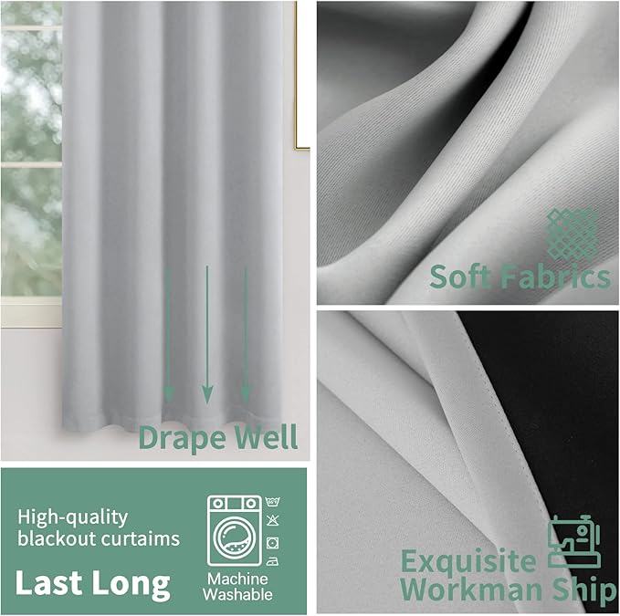 Light Grey Blackout Curtains for Bedroom 63 Inch Length 2 Panels, Thermal Insulated 100% Black-Out Light Blocking Soundproof Grommet Room Darkening Thick Window Curtains, Each 42 Inch Wide