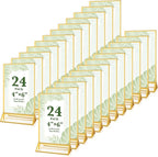 24 Pack Gold Acrylic Sign Holders 4x6, Double Sided Vertical Stand Clear Picture Frame Stands, Wedding Table Number Holders, Menu Flyer Display Stands for Party, Home, Office, Restaurant