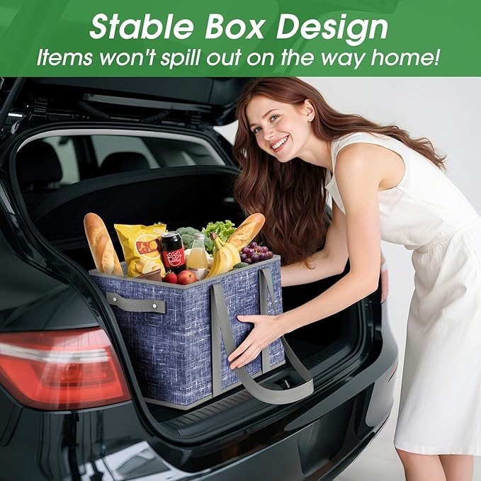 Fab totes Reusable Grocery Bags, Large Foldable Shopping Tote Bags with Reinforced Handles & Hard Bottom,4 Pack,Blue