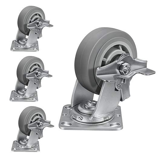 5'' × 2'' Caster Wheels, Heavy Duty Industrial Casters Set of 4 Rubber Wheels, Load 2800lbs Capacity, Swivel Caster for Cart Dolly Toolbox Trolley (4 Brake)