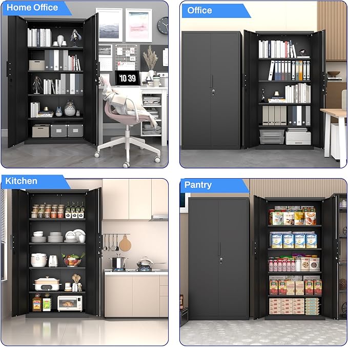 Metal Garage Storage Cabinet with Lock, 71" Tall Steel Storage Locker with 4 Adjustable Shelves, Heavy Duty Metal Cabinet for Garage, Office, Home, 31.5”W × 16.5”D, Black