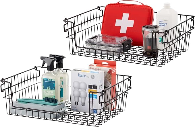 TRINITY 2-Pack Stackable Metal Wire Storage Baskets With Handles, Black, 19 Inches