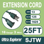 25 Ft Indoor Outdoor Green Extension Cord, 16/3 SJTW Heavy Duty Water-Resistant, 3 Prong Grounded Plug Power Cord for Home Appliance, Lights and Lawn, 13A 1625W, UL Listed