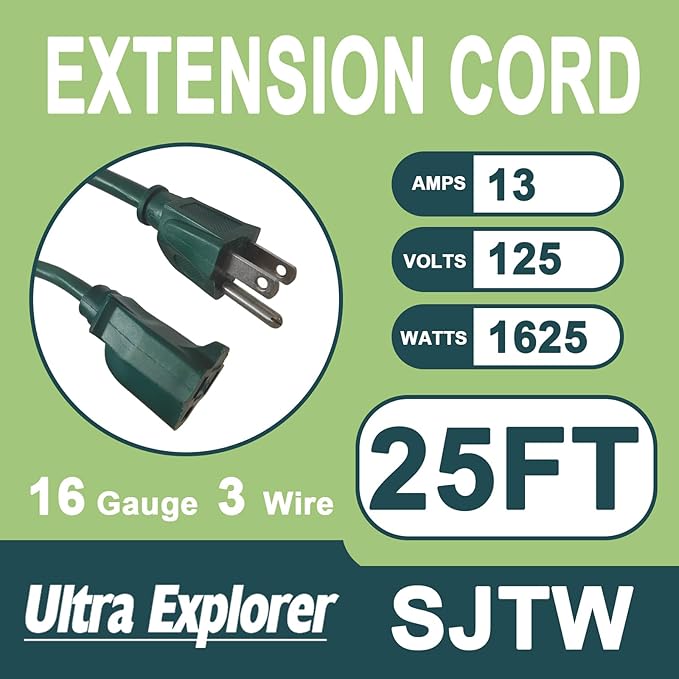 25 Ft Indoor Outdoor Green Extension Cord, 16/3 SJTW Heavy Duty Water-Resistant, 3 Prong Grounded Plug Power Cord for Home Appliance, Lights and Lawn, 13A 1625W, UL Listed