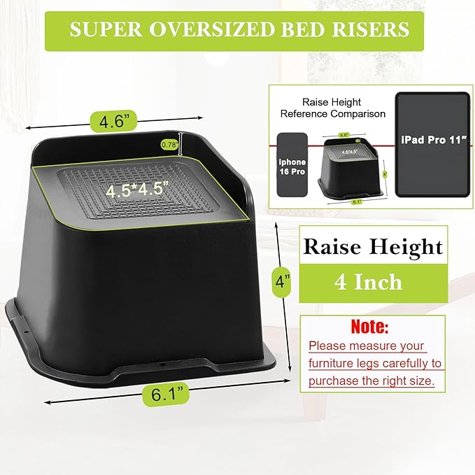 Bed Risers 2 inch, 3 inch, 4 inch, 6 inch, 8 inch Heavy Duty, Oversized Furniture Riser for Couch Sofa Table Chair Leg Frame Dorm, Support up to 6000 Lbs (Black 8 Pack, 4 inch)