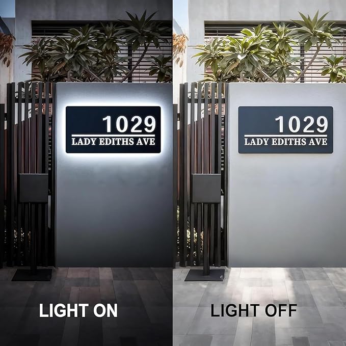 Custom Solar Address Sign for Outside, LED Backlit House Number Sign, Personalized Waterproof Metal Address Plaque, Illuminated Lighted House Numbers for Home