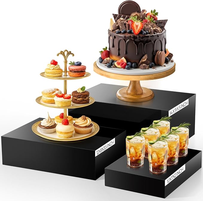 3 Pack Extra Large Acrylic Buffet Risers - 14”, 12”, 10” Black Display Stands with Hollow Bottoms, Cube Riser Boxes Nesting for Dessert Food Catering Buffet Display Party Supplies