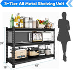 48" W Garage Shelving Heavy Duty, 1500LBS Loads Adjustable Garage Storage Shelves, 3-Tier Metal Shelving Units and Storage Racks, Industrial Utility Shelf,48" Wx18 Dx39 H, Black