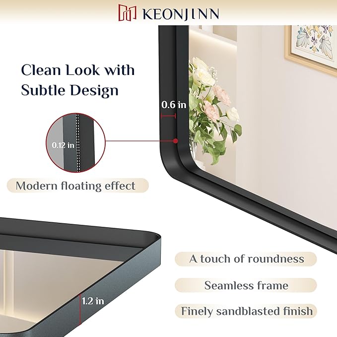Keonjinn Black Bathroom Mirror for Over Sink, 48” x 36” Large Matte Black Mirrors for Wall, Rounded Rectangle Farmhouse Vanity Mirror, HD Tempered Glass Modern Decorative Mirror(Horizontal/Vertical)