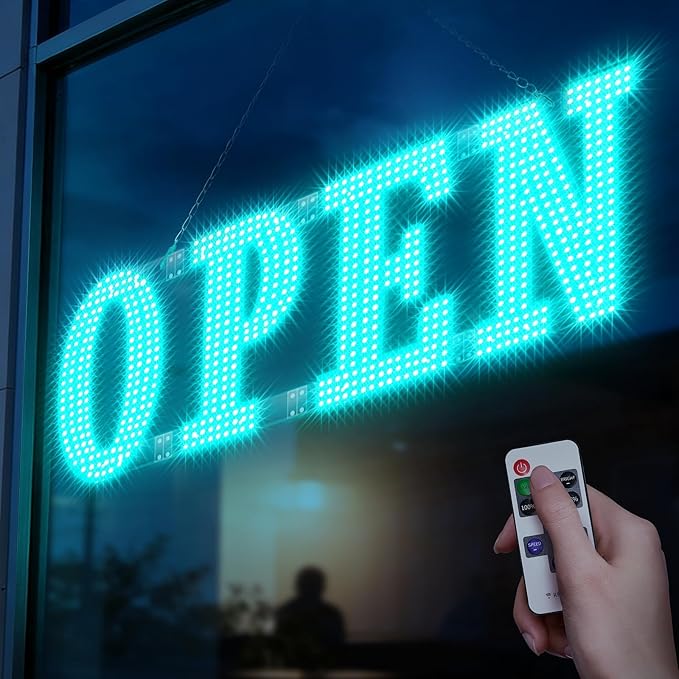 Large LED Open Signs for buiness with 13 Scene Modes, 30" x 10" Unique Design Ice Blue Open Sign for Business Hour Open Sign for Window Stores Retail and Restaurant