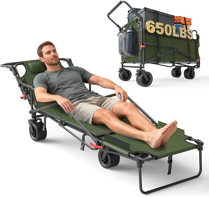 LEVELEVE Heavy Duty Folding Wagon - 2-in-1 Collapsible Cart, 650lb Capacity, All-Terrain Wheels w/Brakes & Side Pockets