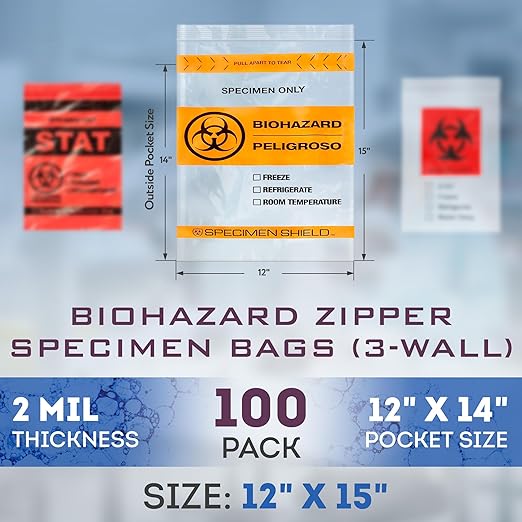 APQ Clear Orange Biohazard Specimen Bags, 12 x 15 Inches, Pack of 100