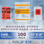APQ Clear Orange Biohazard Specimen Bags, 12 x 15 Inches, Pack of 100