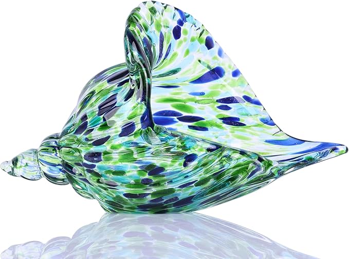 Hand-Blown Glass Conch Sculpture, Green sea Glass Art Shell Statue, Coastal-Themed Room Decor, Table Centerpiece and Cabinet-top Ornament, Creative sea Glass Conch Decoration and Display Piece.
