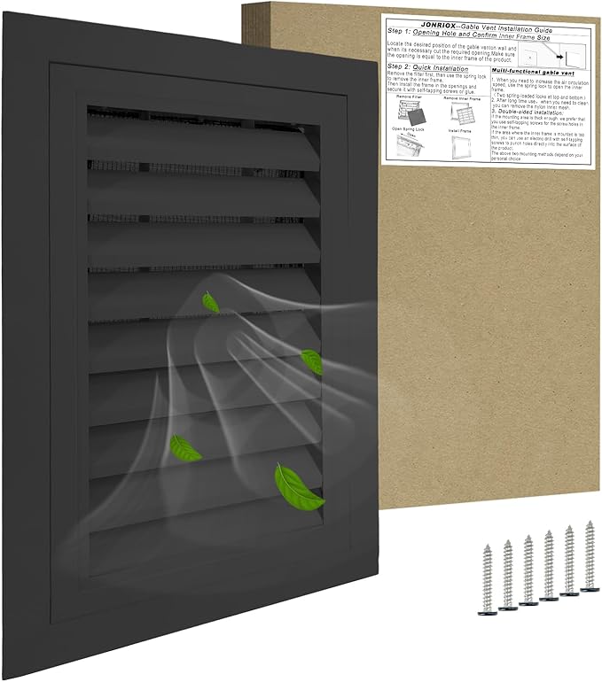 12"*18" Gable Vent,Aluminum Alloy Wall Vent Shed Vents,with Removable Strainer and 180 Degree Opening Angle.Ideal for Attic,Shed,Garage,Play House,Coop.[Inside Dimensions:9.5" w X 15" h]-Black 1 Pack