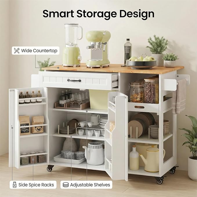 Gizoon Update Kitchen Island, 41.7" W Kitchen Island with Storage, Rolling Island Table on 5 Wheels, with Drop Leaf, Refrigerator Door, Adjustable Shelf, Spice/Towel Rack, Removable Tray, White