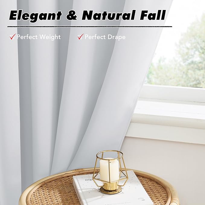 KGORGE 63 inch Curtains 2 Panel Set, Privacy Solid Thermal Insulation Noise Reducing Light Filtering Drapes for Kids Room Living Room, Back Tab Rod Pocket, W52 x L63 inches, Greyish White, 2 Panels