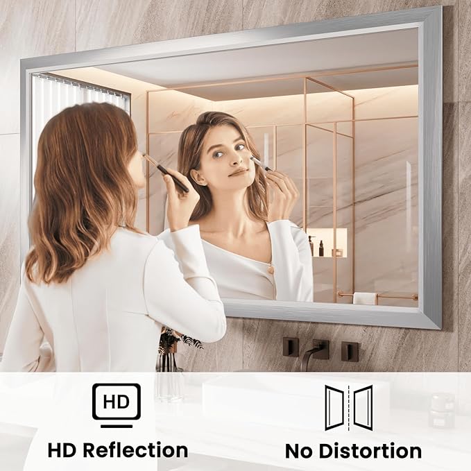 Amorho Bathroom Mirror, 55x40 Inch Silver Thick Metal Framed Wall Mirrors for Over Sink, Brushed Nickel Mirror Perfect for Bedroom, Living Room, Entryway, Rectangle (Horizontal/Vertical).