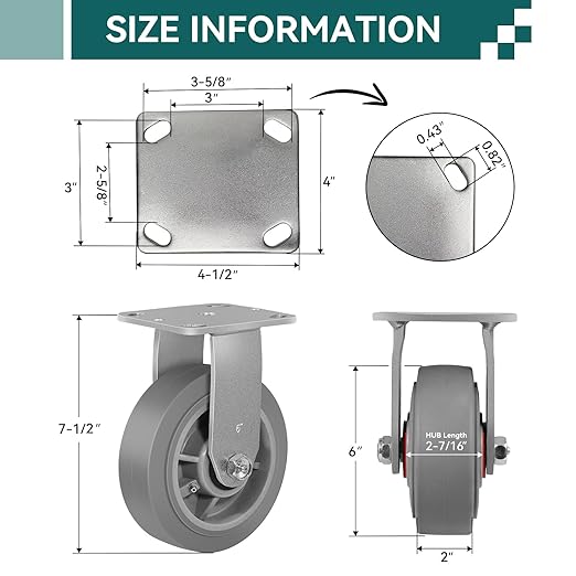 6'' × 2'' Caster Wheels, Heavy Duty Industrial Casters Set of 4 Rubber Wheels, Load 3600lbs Capacity, Swivel Caster for Cart Dolly Toolbox (2 Brake & 2 Rigid)