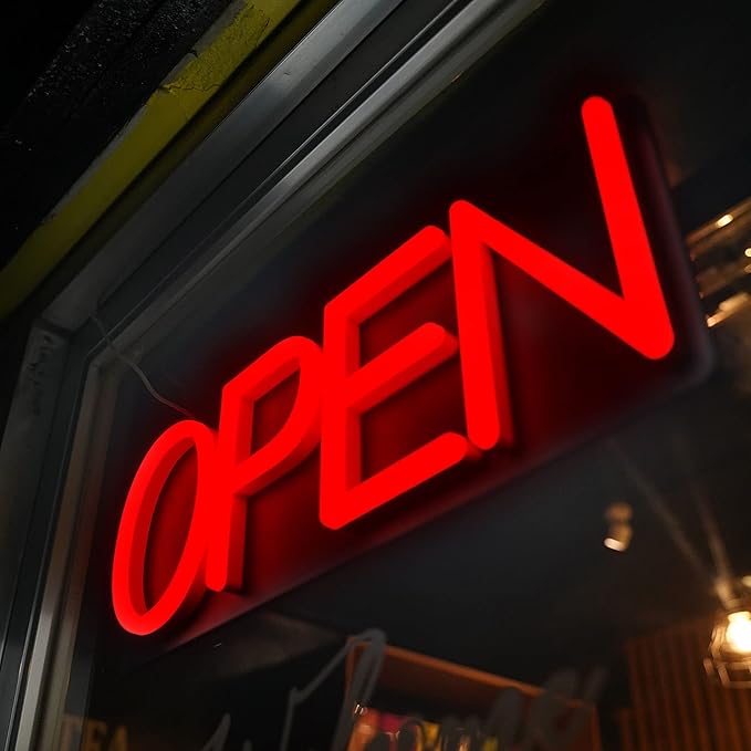 HiNeon Red LED Open Sign, 20"x7" Light-Up Business Sign with Remote, 12V Plug-In, Hanging Chain Included