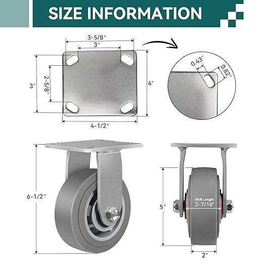 5'' × 2'' Caster Wheels, Heavy Duty Industrial Casters Set of 4 Rubber Wheels, Load 2800lbs Capacity, Casters for Cart Dolly Toolbox Trolley (4 Rigid)