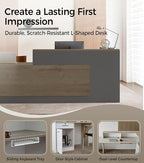 Modern L-Shaped Reception Desk with Counter - 71 inch Front Desk Reception Counter with Open Shelves, Lockable Drawer & Keyboard Tray for Office, Lobby, Checkout (Tobacco Wood + Iron Gray - Left)
