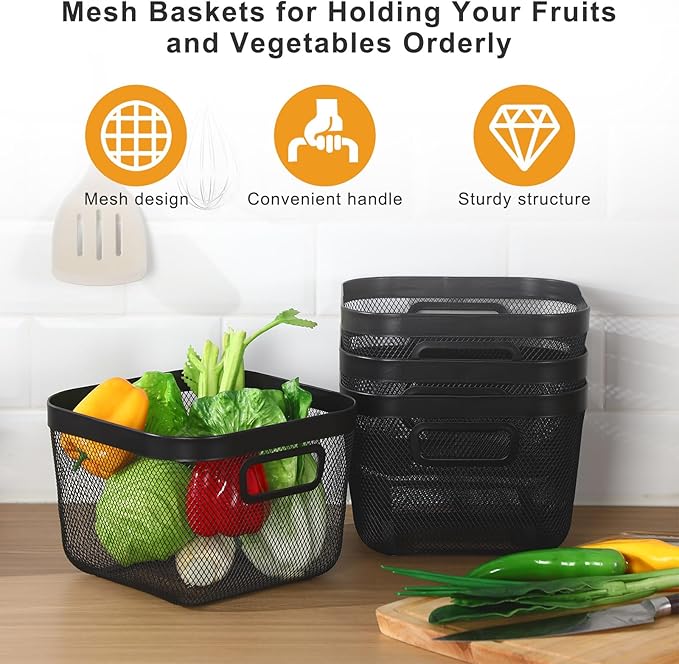 4 Pack Metal Mesh Basket with Hollow Handles Black Wire Storage Bin for Organizing Stackable Metal Fine Mesh Basket for Pantry Bathroom Kitchen Cabinets Shelves (Medium)