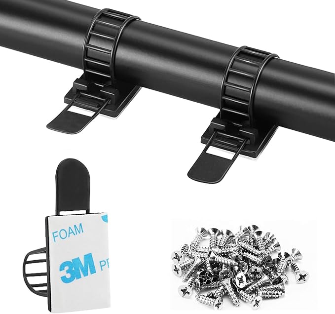 Adhesive Cable Management Clips, 50Pcs Adjustable Nylon Cable Strap Ties Wire Clips Clamps Organizer with Strong Adhesive Tape, Extra Screw & Hole for Strong Fixation Home Office - 3.55 Inch Black
