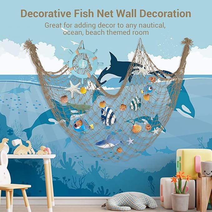 80x40 Inch Decorative Fishing Net w/Shells & Clips, 3mm Brown Natural Cotton Large Photo Hanging Fishnet, Wall Halloween Party Decorations for Nautical Pirate Hawaii Underwater Mermaid Themed Party